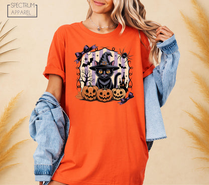 Halloween Black Cat T-Shirt, Spooky Witch Cat Shirt, Cute Pumpkin Cat October T-Shirt, Halloween Bat Fall Tee, Haunted House Autumn T-Shirt