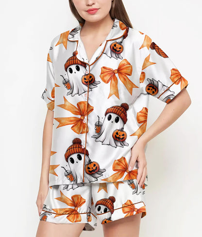 Halloween Gifts, Halloween Shirt, Pajamas Satin Set, Cute Ghost Shirt, Ghost Shirt Design, Gift For Women, Halloween Coquette, Spooky Season