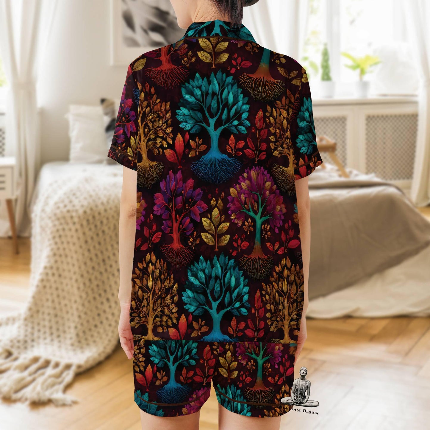 Tree of Life Pajama Set Short Sleeves, Tree of Life Woman's Satin Pajama Short Sleeve