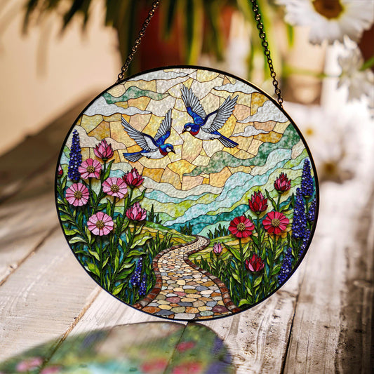 Bluebirds flying over flower path stained glass suncatcher window decor gift for mother birthday