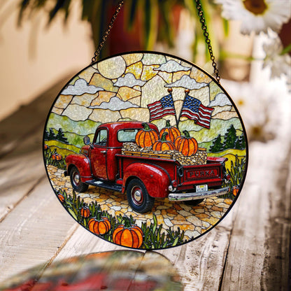 Red vintage truck with pumpkins and flags fall suncatcher window hanging patriotic Thanksgiving gift