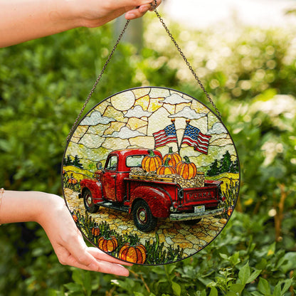 Red vintage truck with pumpkins and flags fall suncatcher window hanging patriotic Thanksgiving gift