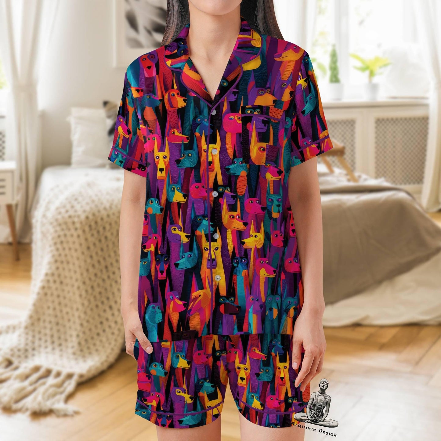 Dog Pajama Set Short Sleeves, Doberman Dog Lover Woman's Satin Pajama Short Sleeve