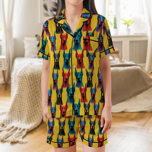 Doberman Dog Pajama Set Short Sleeves, Doberman Dog Lover Gift Woman's Satin Pajama Short Sleeve