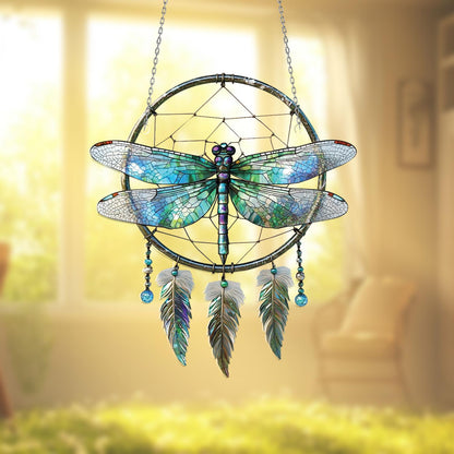 Dragonfly Dreamcatcher Window Hanging – Whimsical Boho Decor with Feathers for Peaceful, Nature-Inspired Living Spaces