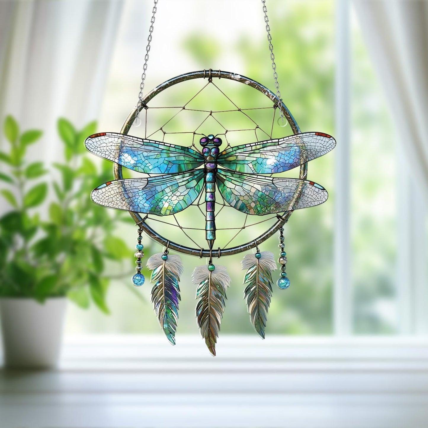 Dragonfly Dreamcatcher Window Hanging – Whimsical Boho Decor with Feathers for Peaceful, Nature-Inspired Living Spaces