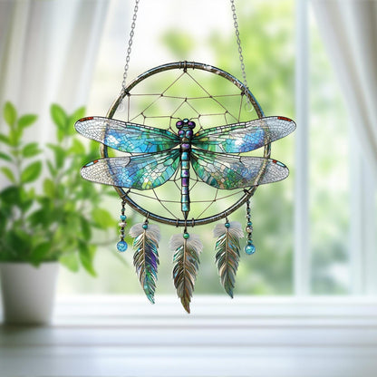 Dragonfly Dreamcatcher Window Hanging – Whimsical Boho Decor with Feathers for Peaceful, Nature-Inspired Living Spaces