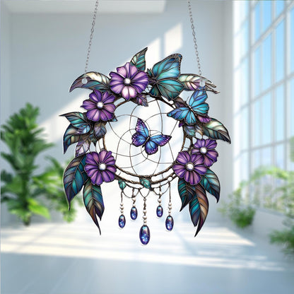 Butterfly Dreamcatcher Window Hanging – Enchanting Purple Floral Decor for Boho Spaces, Bedroom Charm, or Whimsical Gift Idea