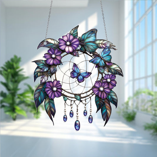 Butterfly Dreamcatcher Window Hanging – Enchanting Purple Floral Decor for Boho Spaces, Bedroom Charm, or Whimsical Gift Idea