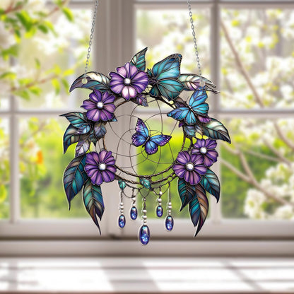 Butterfly Dreamcatcher Window Hanging – Enchanting Purple Floral Decor for Boho Spaces, Bedroom Charm, or Whimsical Gift Idea