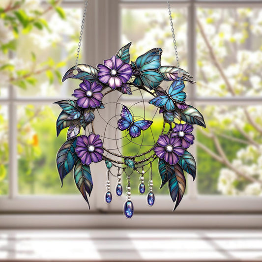 Butterfly Dreamcatcher Window Hanging – Enchanting Purple Floral Decor for Boho Spaces, Bedroom Charm, or Whimsical Gift Idea