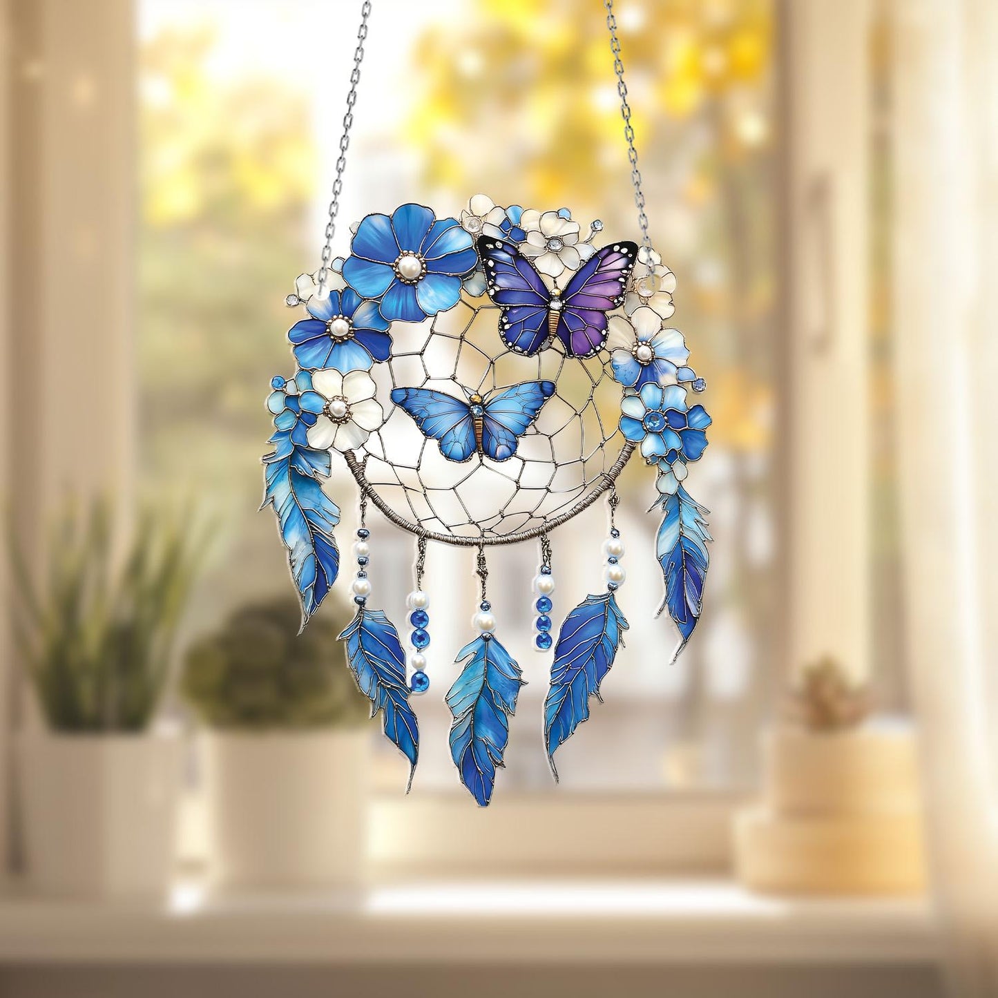 Blue Butterfly Dreamcatcher Window Hanging – Whimsical Floral Decor with Feathers for Boho Homes, Spiritual Corners, or Gift Ideas