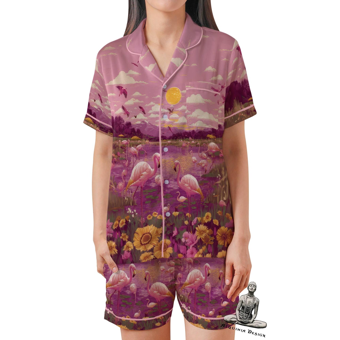 Flamingo Short Sleeves Pajama Set, Flamingo Woman's Satin Pink Pajama Short Sleeve Shorts
