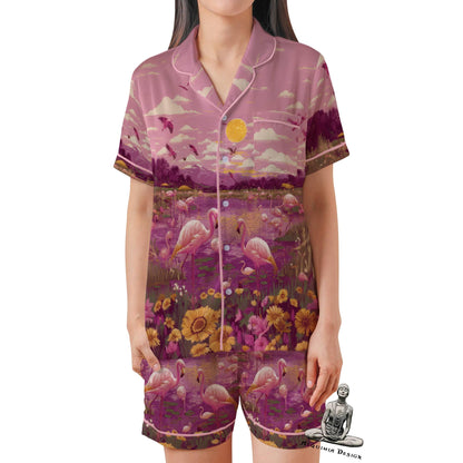 Flamingo Short Sleeves Pajama Set, Flamingo Woman's Satin Pink Pajama Short Sleeve Shorts
