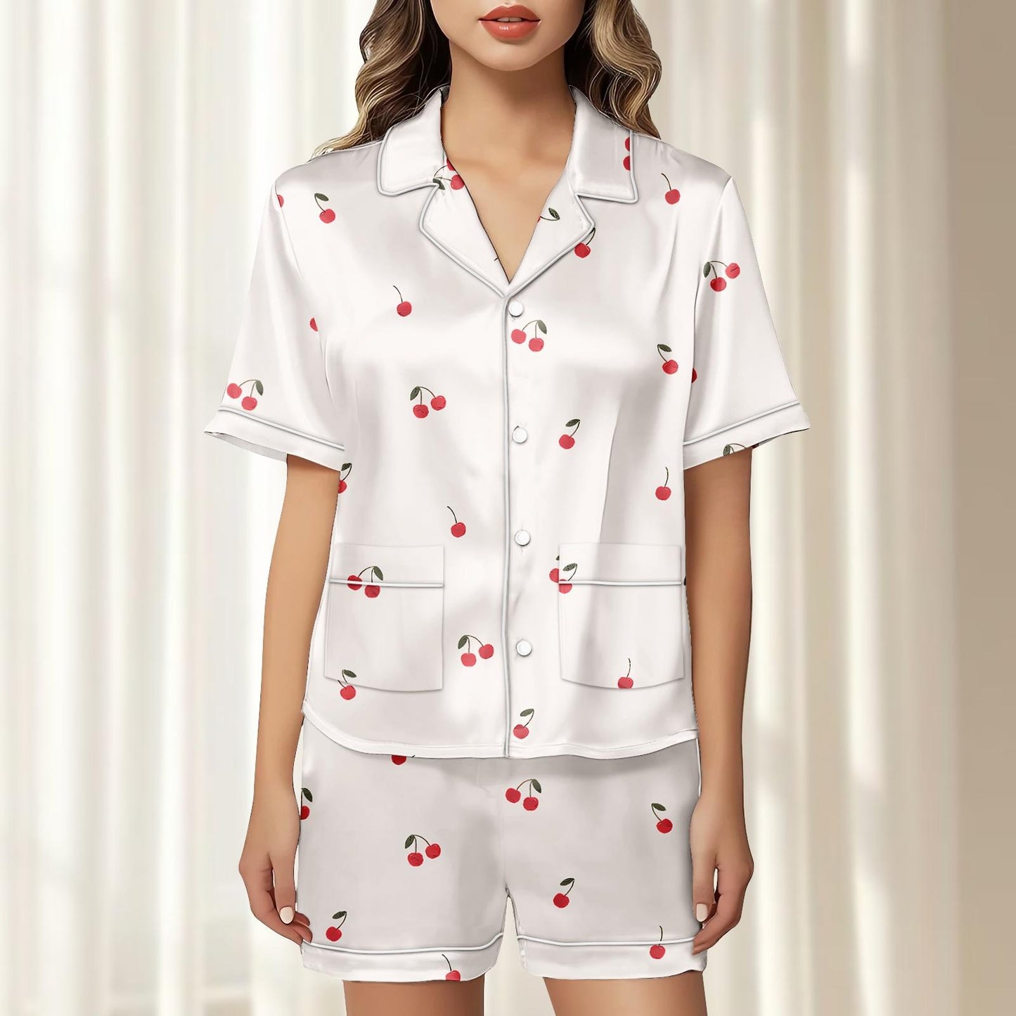 Cherry Satin Pajamas Short Set, Cute Fruit Summer Sleepwear, Red Berry Short Sleeve Pjs, Soft Loungewear, Birthday Gift For Her