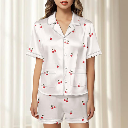 Cherry Satin Pajamas Short Set, Cute Fruit Summer Sleepwear, Red Berry Short Sleeve Pjs, Soft Loungewear, Birthday Gift For Her