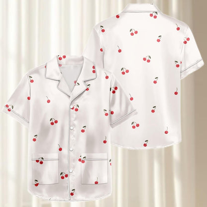 Cherry Satin Pajamas Short Set, Cute Fruit Summer Sleepwear, Red Berry Short Sleeve Pjs, Soft Loungewear, Birthday Gift For Her