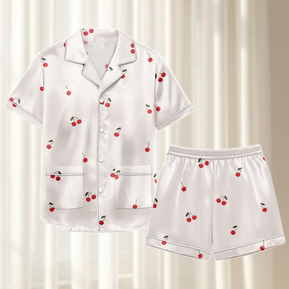 Cherry Satin Pajamas Short Set, Cute Fruit Summer Sleepwear, Red Berry Short Sleeve Pjs, Soft Loungewear, Birthday Gift For Her