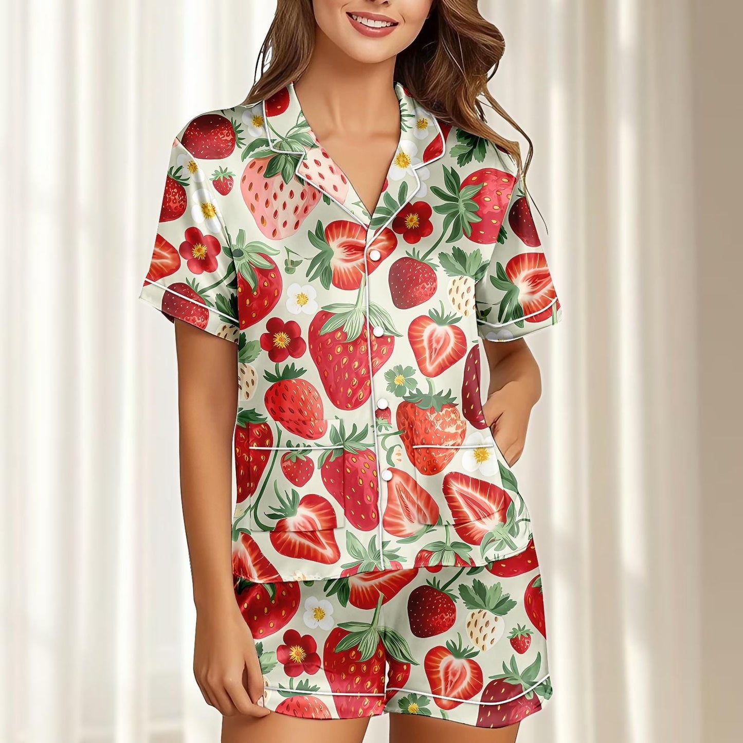 Strawberry Satin Pajamas Short Set, Red Fruit Summer Sleepwear, Red Berry Pjs, Short Sleeve Loungewear, Matching Pajamas, Gift For Her