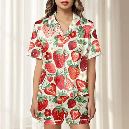 Strawberry Satin Pajamas Short Set, Red Fruit Summer Sleepwear, Red Berry Pjs, Short Sleeve Loungewear, Matching Pajamas, Gift For Her