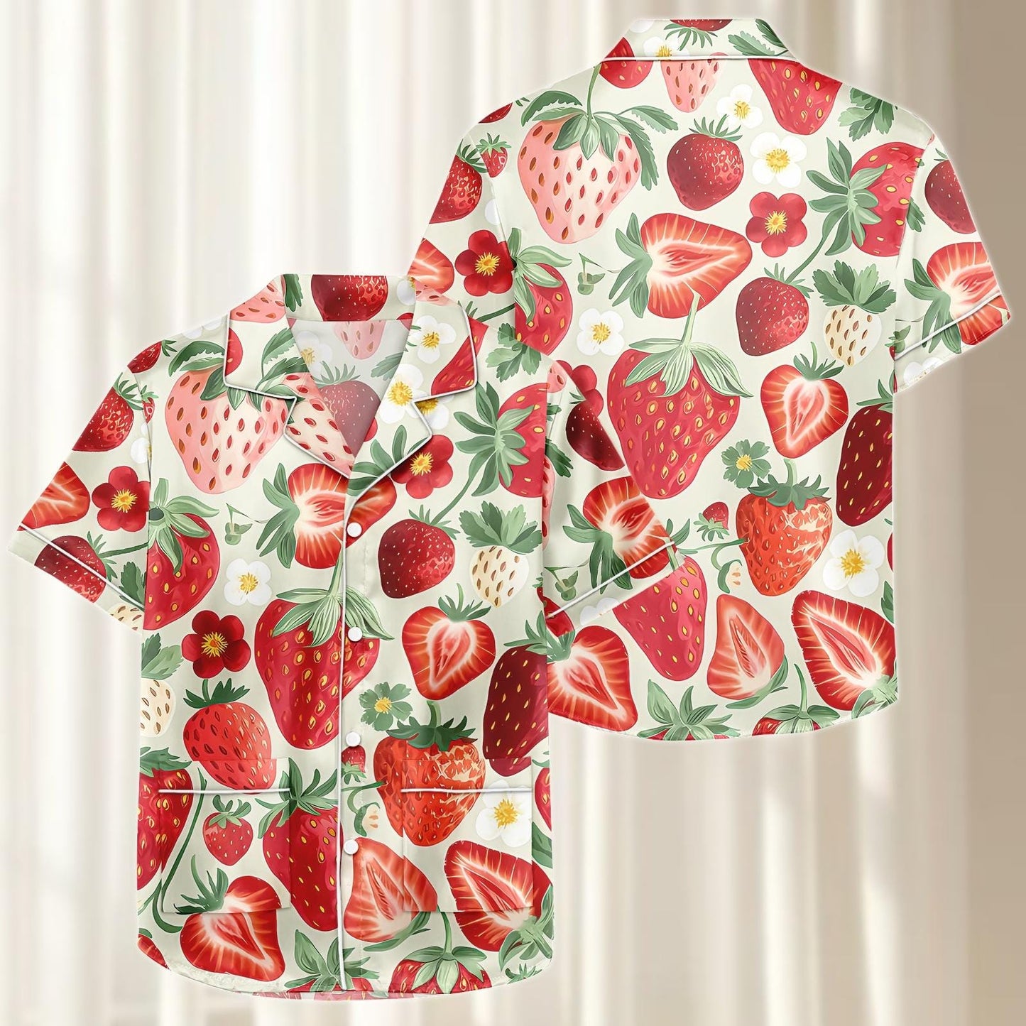 Strawberry Satin Pajamas Short Set, Red Fruit Summer Sleepwear, Red Berry Pjs, Short Sleeve Loungewear, Matching Pajamas, Gift For Her