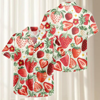 Strawberry Satin Pajamas Short Set, Red Fruit Summer Sleepwear, Red Berry Pjs, Short Sleeve Loungewear, Matching Pajamas, Gift For Her