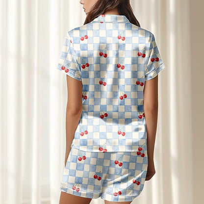 Cherry Checkered Satin Pajamas Short Set, Red Fruits Summer Sleepwear, Cute Short Sleeve Pjs, Women Matching Pajamas, Gift For Her