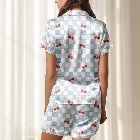 Cherry Checkered Satin Pajamas Short Set, Red Fruits Summer Sleepwear, Cute Short Sleeve Pjs, Women Matching Pajamas, Gift For Her