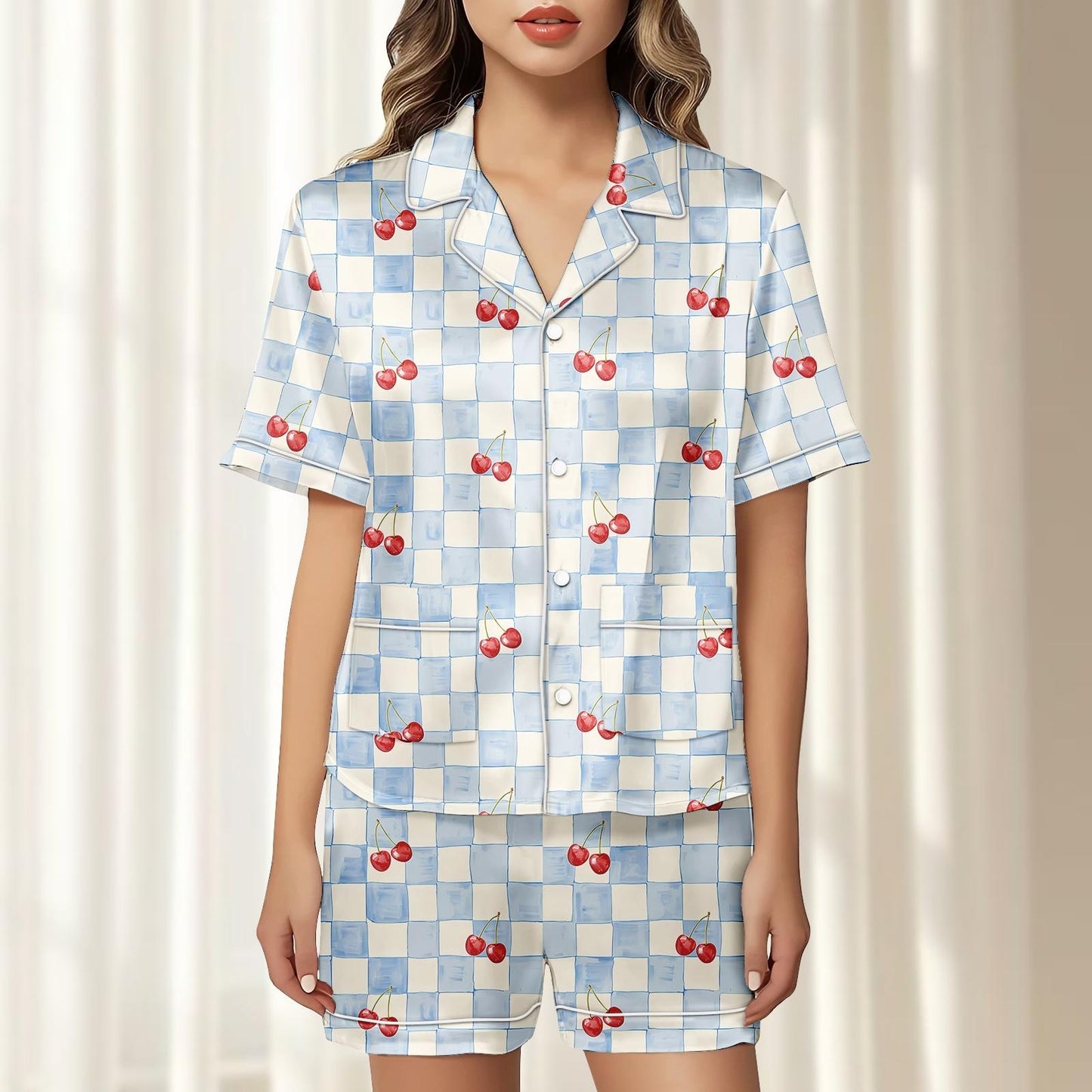 Cherry Checkered Satin Pajamas Short Set, Red Fruits Summer Sleepwear, Cute Short Sleeve Pjs, Women Matching Pajamas, Gift For Her