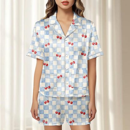 Cherry Checkered Satin Pajamas Short Set, Red Fruits Summer Sleepwear, Cute Short Sleeve Pjs, Women Matching Pajamas, Gift For Her