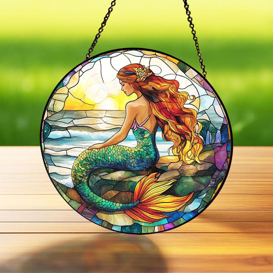 Mermaid Stained Glass Suncatcher, Ocean Suncatcher, Mermaid Lovers Gift, Natural Gift, Beach Home Decor, Nautical Home Accent, Beach Gift