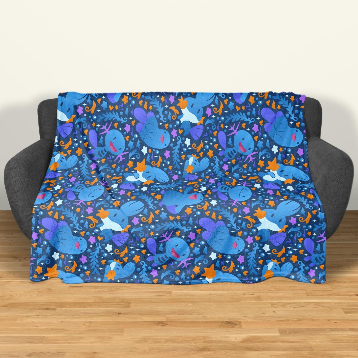 Wooper and Quagsire Blanket, Fleece Cotton Throw Blanket, Cozy Blue Bed Sofa Decor, Kawaii Axolotl Style Blanket, Wooper Blanket Gifts