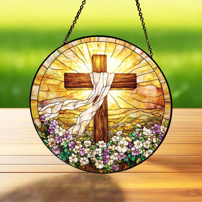 Stained Glass Cross And Wildflowers Suncatcher, Christian Glass Suncatcher, Flower Cross Gift For Religious Easter Faith Cross Home Decor