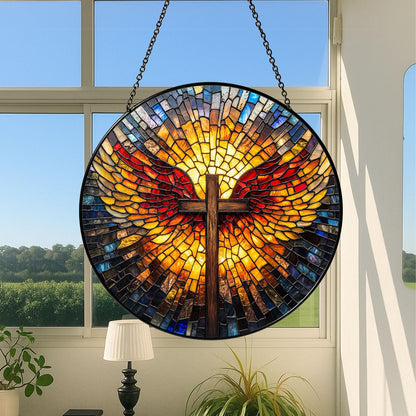 Cross Glass Suncatcher, Catholic Stained Glass Decor, Religious Gift, Gift for Grandma, Christian Glass Suncatcher, Faith Cross Home Decor