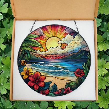 Sunrise On The Beach Stained Glass Suncatcher, Beach Suncatcher, Ocean Sunset Glass Suncatcher, Palm Tree Hibiscus Summer Decor,Coastal Gift