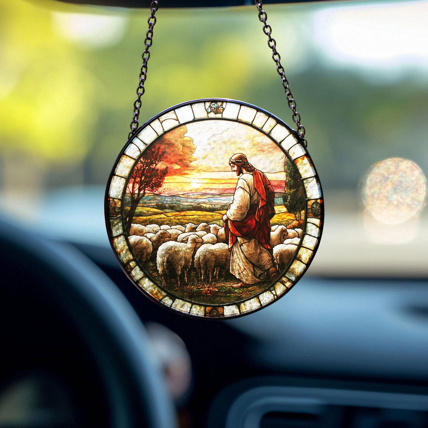 Jesus Stained Glass SunCatcher, Memorial Gift, Jesus With Lamb Landscape Glass Hanging, Jesus Suncatcher Hanging, Jesus Christ Decoration