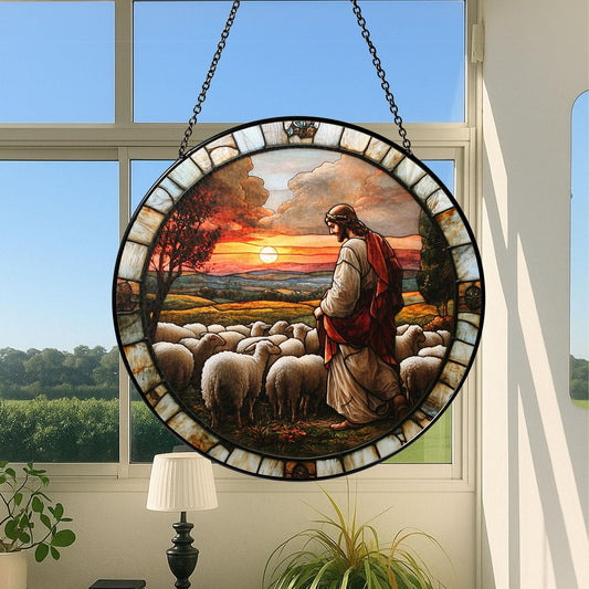 Jesus Stained Glass SunCatcher, Memorial Gift, Jesus With Lamb Landscape Glass Hanging, Jesus Suncatcher Hanging, Jesus Christ Decoration