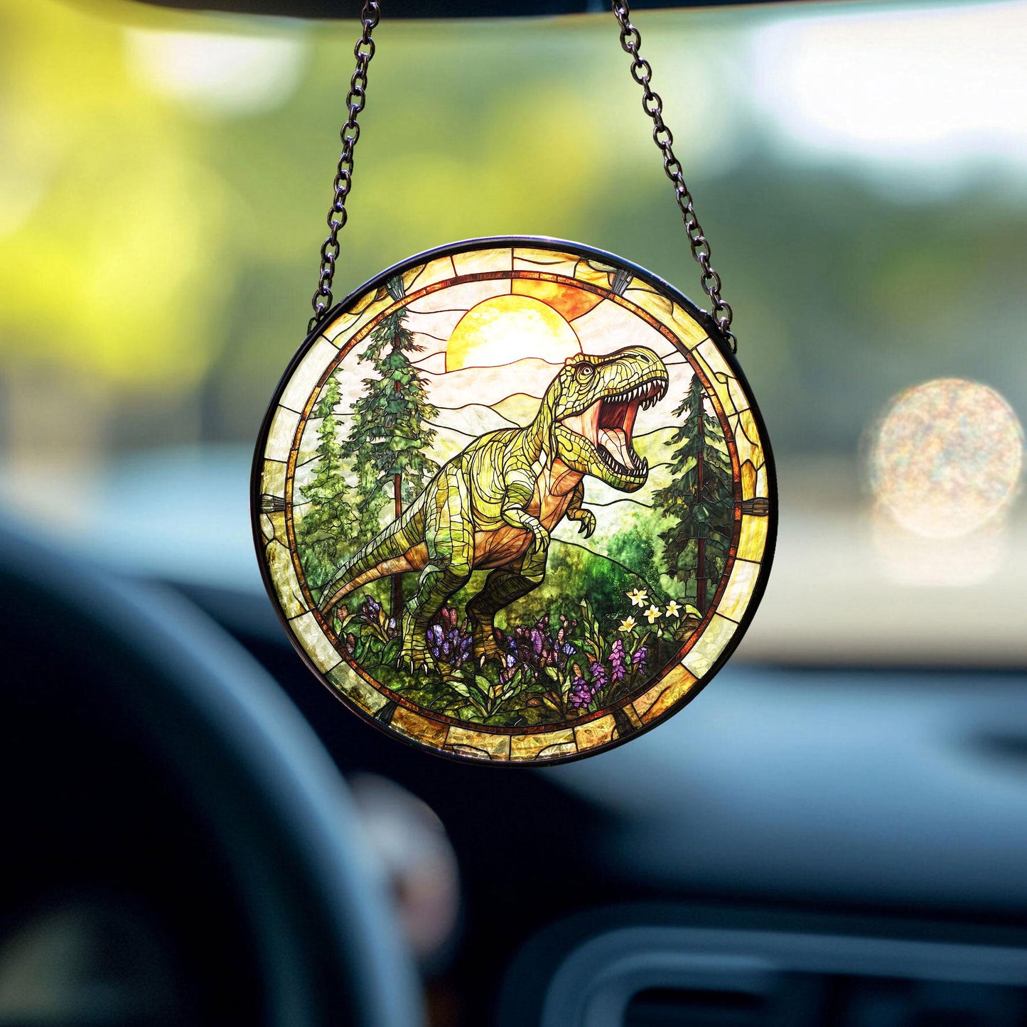 T-Rex Stained Glass Suncatcher, Tyrannosaurus Dinosaur Suncatcher, Fierce Jurassic Decor for Kids and Dinosaur Lovers, T-rex lovers gift