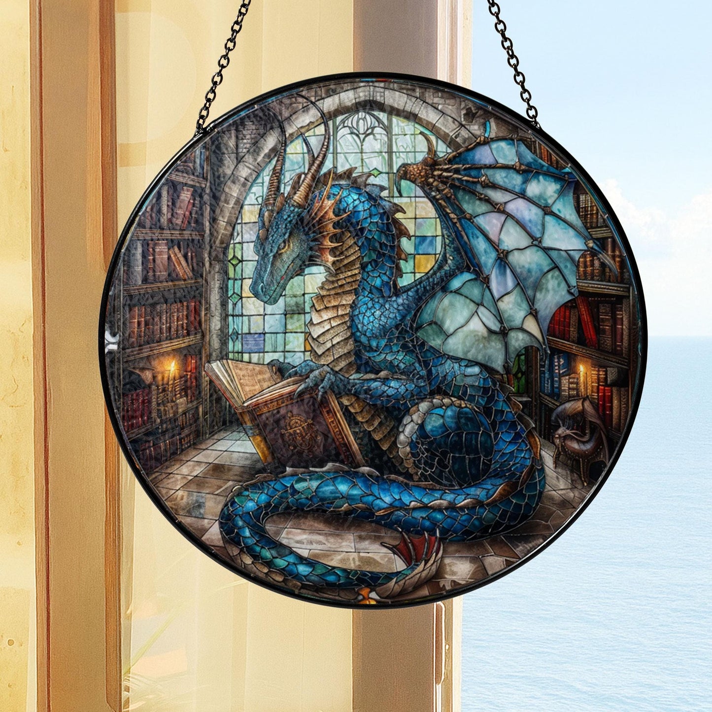 Book Dragon Suncatcher Ornament, Fantasy Dragon Glass Window Hanging, Dragon Gift, Bookish Home Decor, Librarian Gift, Book Lover Gifts
