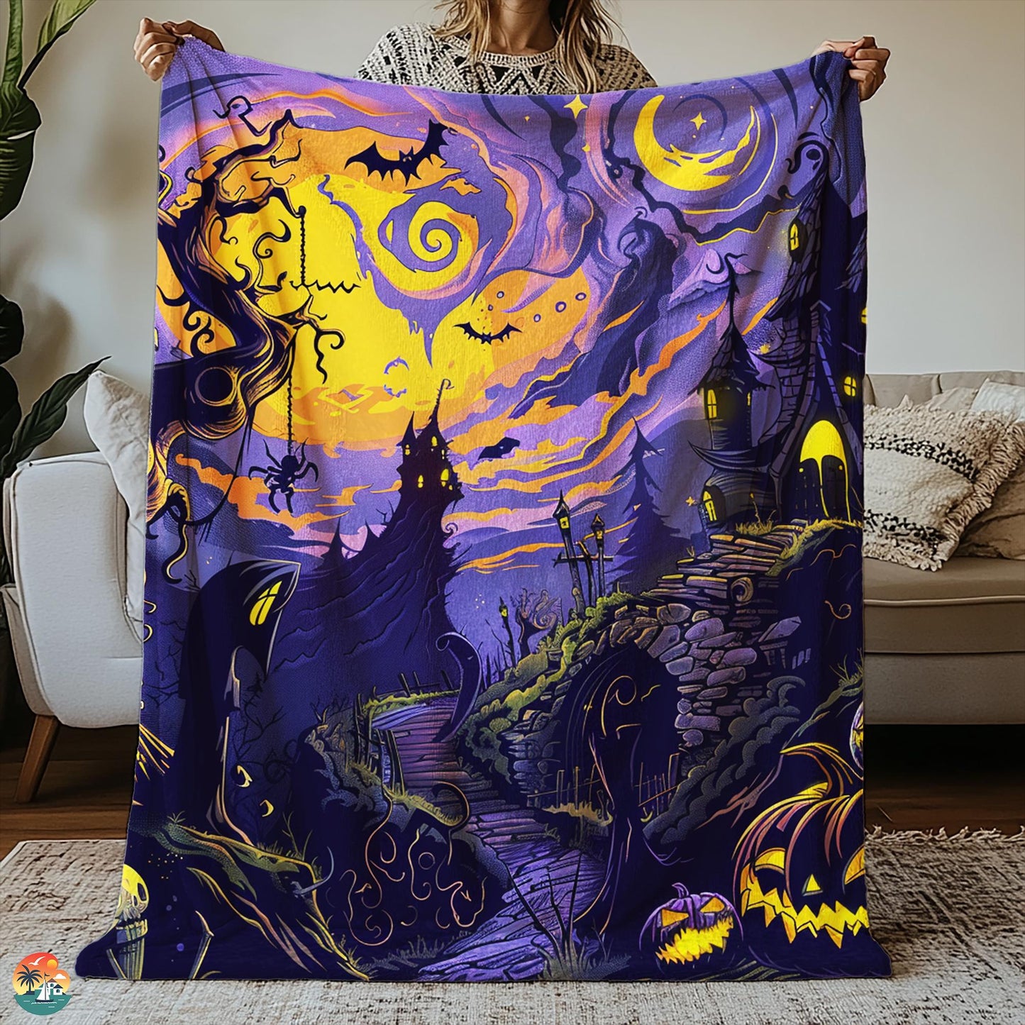 Cozy Pumpkin Blanket, Dark Academia Decorative Blanket, Spooky Season Blankets, Gothic Blanket, Cute Fall Blanket by Harbor Island Decor