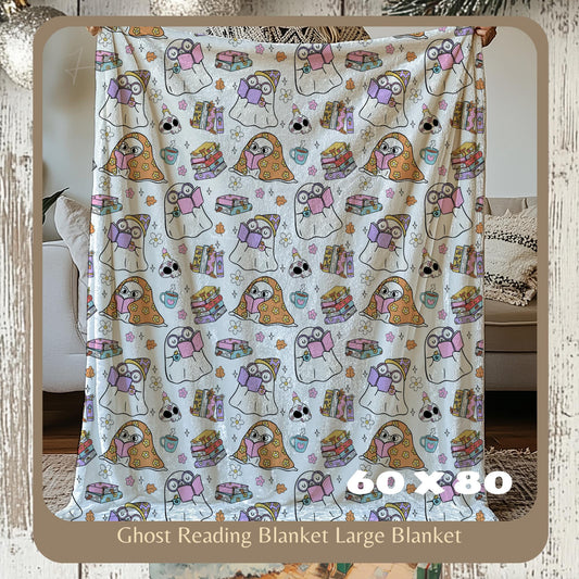 Retro Ghost Reading Books, Halloween Blanket, Cute Ghost Reading, Halloween Boo School, Librarian Halloween Gift by HarborIslandDecor