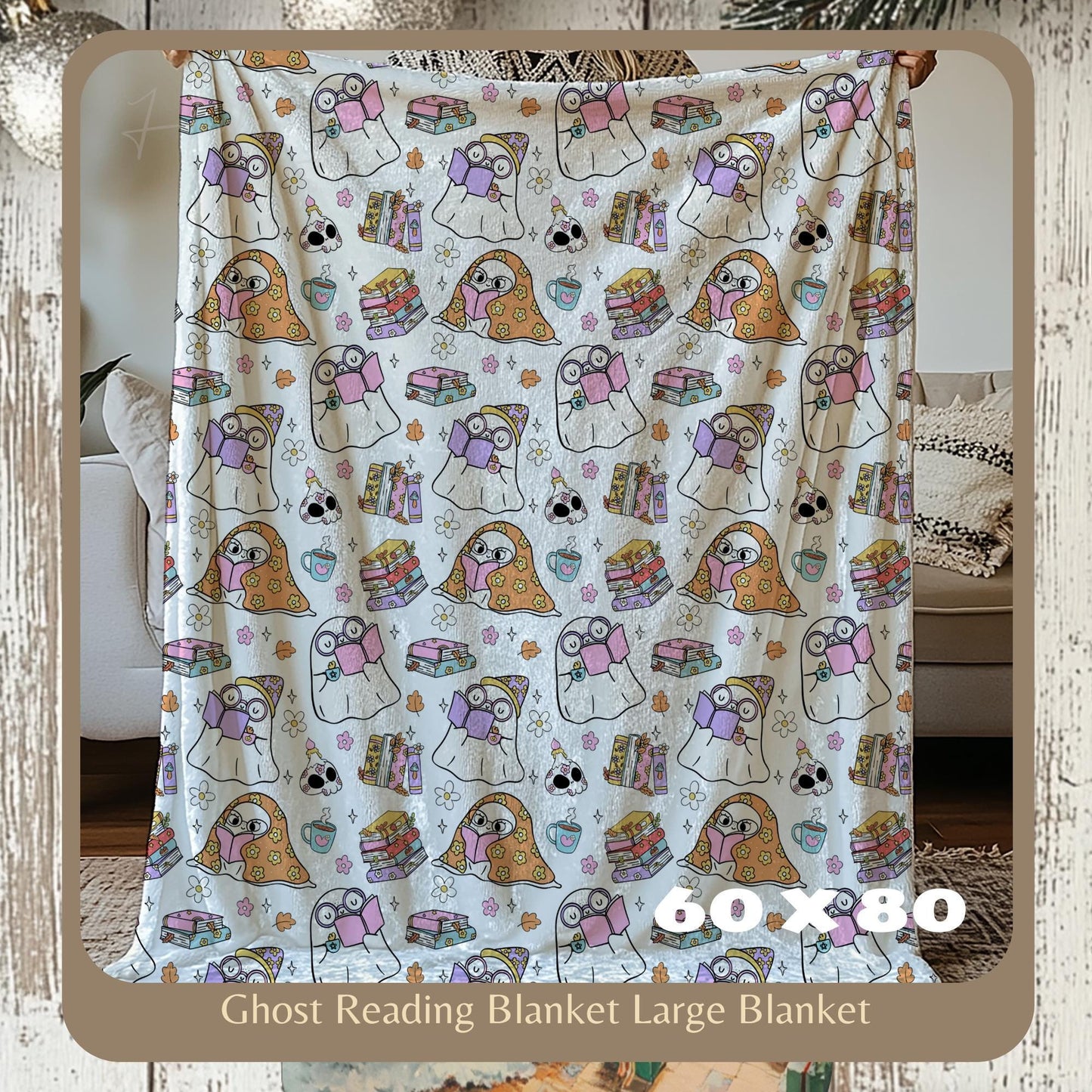 Retro Ghost Reading Books, Halloween Blanket, Cute Ghost Reading, Halloween Boo School, Librarian Halloween Gift by HarborIslandDecor