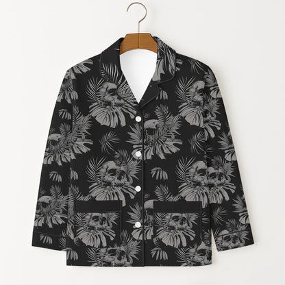 Gothic Skull Pajamas Set, Spooky Floral Black Sleepwear, Skull and Tropical Leaves Halloween Nightwear, Dark Halloween Matching Set