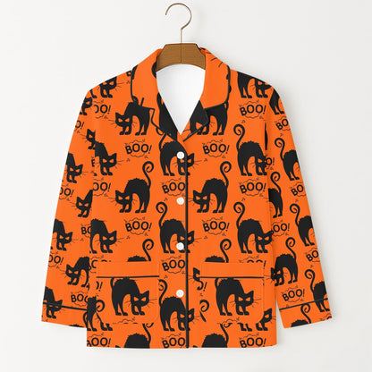 BOO Black Cat Pajamas Set, Orange Halloween Sleepwear, Spooky Season Matching Set, Witchy Cat Pajamas, Trick Or Treat Night Homewear