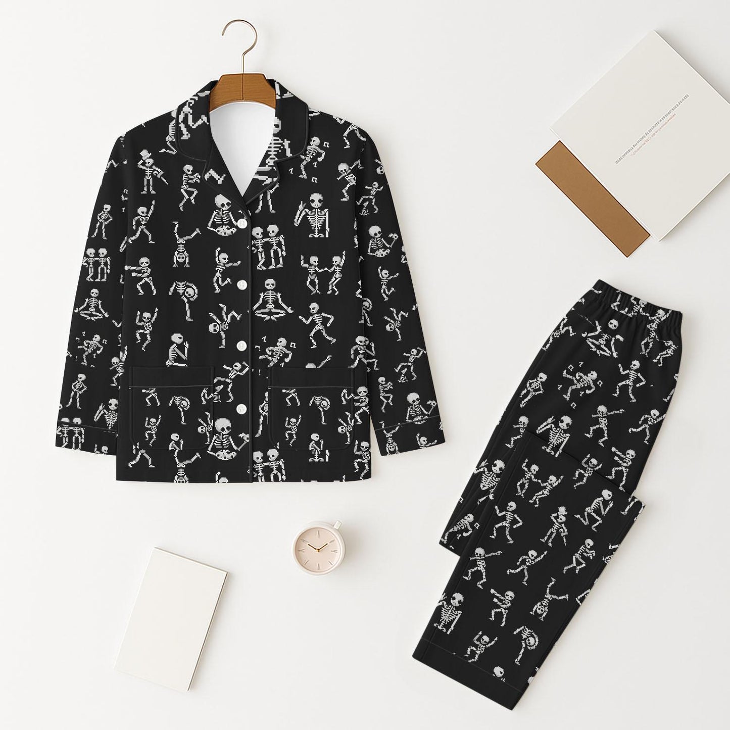 Dancing Skeleton Sleepwear, Spooky Halloween Matching Set, Funny Skeleton Homewear, Black Nightwear for Fall and October Vibes