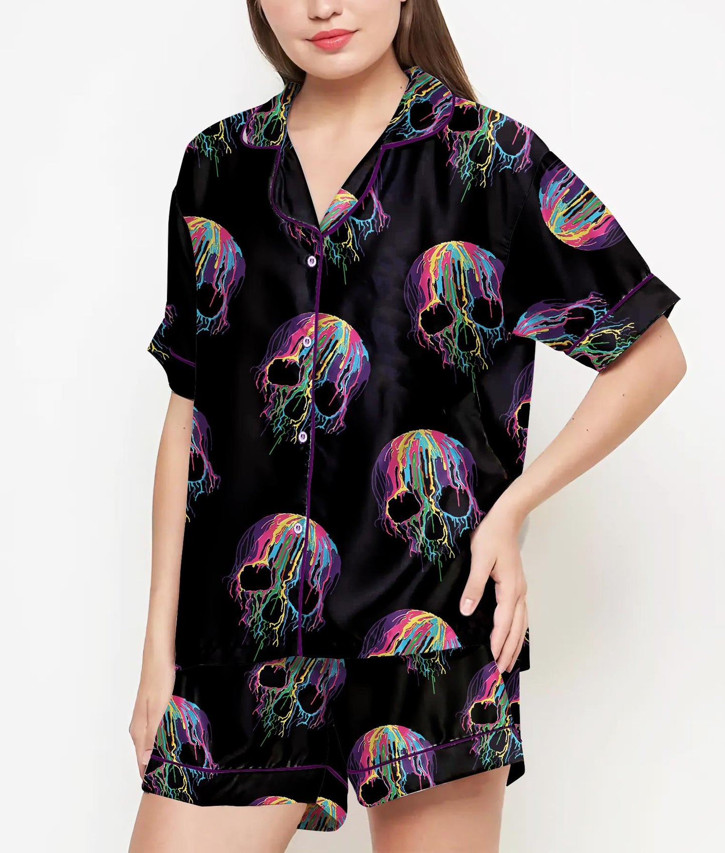 Halloween Gifts, Halloween Shirt, Skeleton Pajama Satin Set, Skull Halloween, Spooky Season, Fall Gift, Gift For Halloween, Gothic Halloween