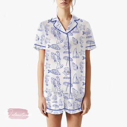 Sorrento Mediterranean – Nautical Summer Pajama Shorts | Blue Sea Life Sleepwear Set | Coastal Lounge Gift