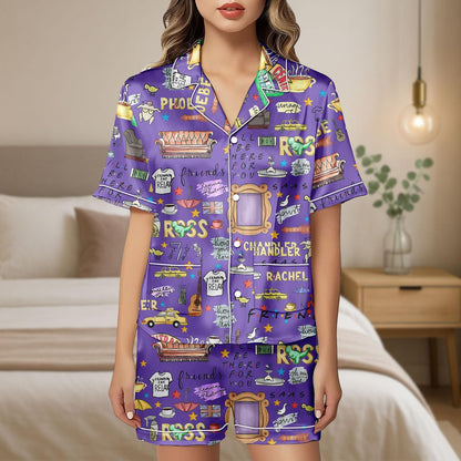 Friends TV Show Satin Pajama Set, Central Perk Lounge PJs, Funny Purple Sleepwear Set, Movie Friends Loungewear