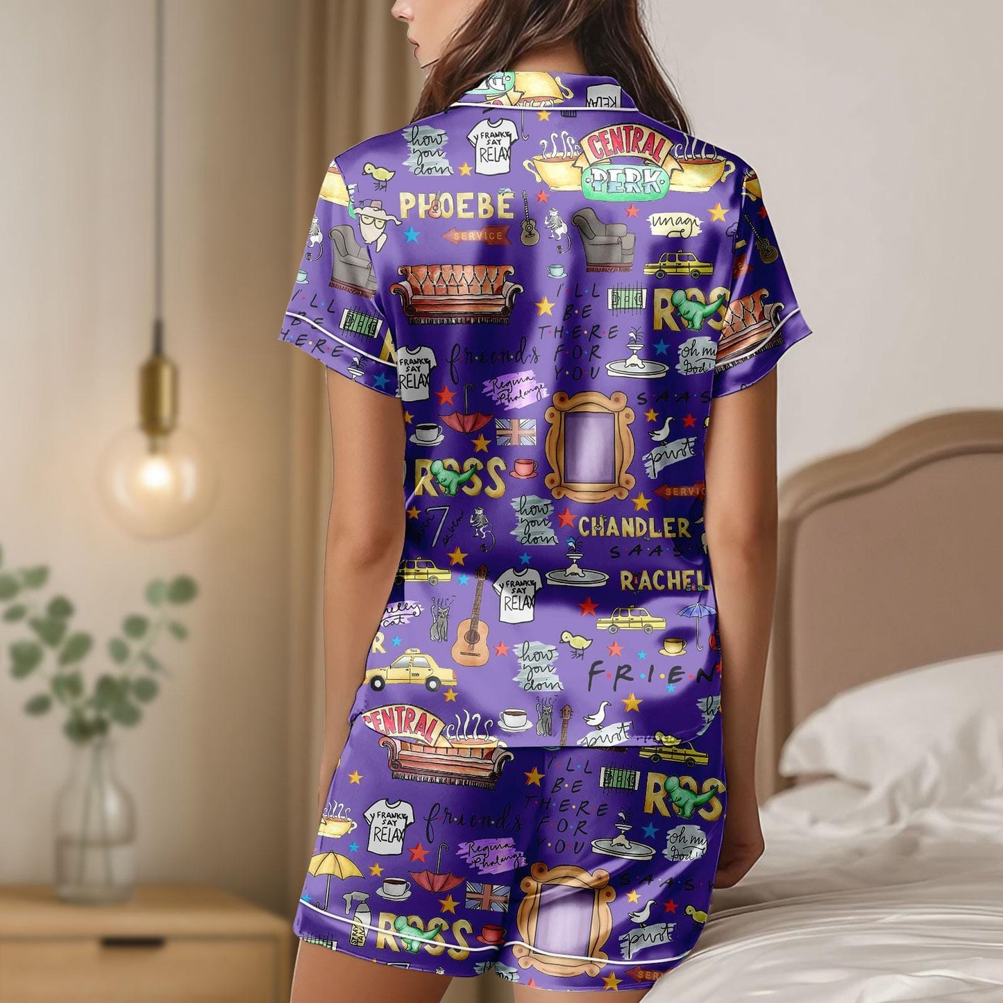 Friends TV Show Satin Pajama Set, Central Perk Lounge PJs, Funny Purple Sleepwear Set, Movie Friends Loungewear