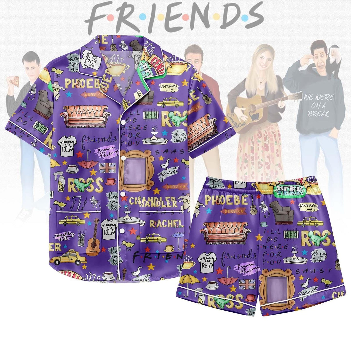 Friends TV Show Satin Pajama Set, Central Perk Lounge PJs, Funny Purple Sleepwear Set, Movie Friends Loungewear
